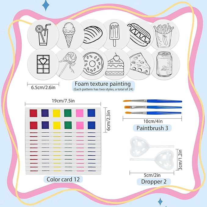 Zariocy Magic Foam Texture Painting Kit - Including 24 Pcs Foam Texture Paper, 2 Dropper, 3 Brushes & 12 Color Cards, 3D Magic Puffy Paint Kit, DIY Crafts | Art for Craft Lovers (Food