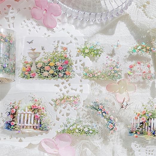 Floral Washi Tape Scrapbook Supplies Laser Shell Light Natural Scene Wide Washi Tape Stickers Decorative Tape Butterfly Flower Washi Stickers for Journaling Scrapbook Stickers Junk Journal Supplies