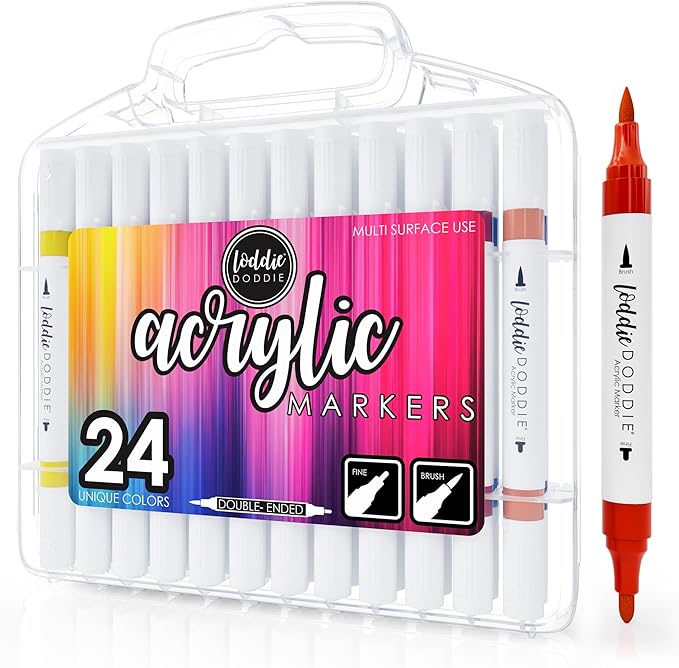 Loddie Doddie Acrylic Markers, 24 Unique Colors, Double-Ended Multi Surface Art Markers Set with Fine and Brush Tips, Portable Storage Case for DIY Projects, Crafts, and Decor (24)