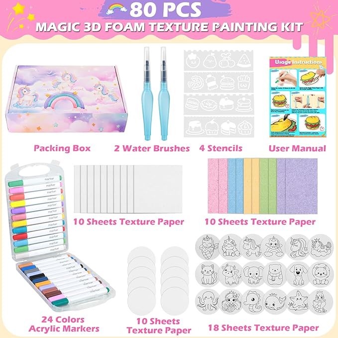80 Pcs Magic 3D Foam Texture Painting Kit, Magic Puffy Paint Kit, Including 48 Pcs Foam Texture Paper, 24 Colors Acrylic Marker Pen, 4 Drawing Templates, 2 Water Brushes, Art Painting Kits (Pink)