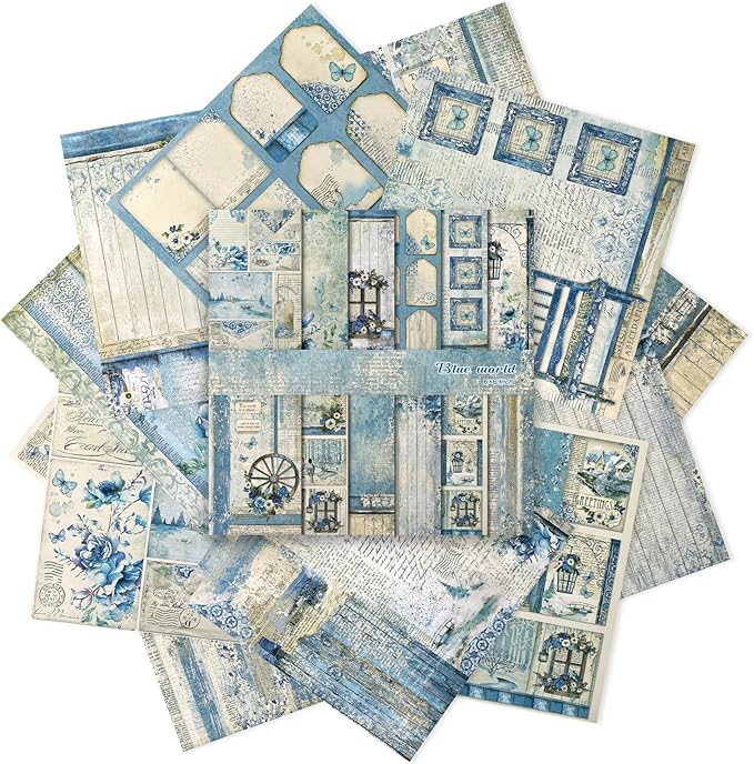 Scrapbook Paper,24 Sheets 5.8x5.8 Inch Vintage Bule Style Scrapbook Supplies,Single-Sided Vivid Origami Decoupage Paper for DIY Crafts, Card Making, Art Journaling
