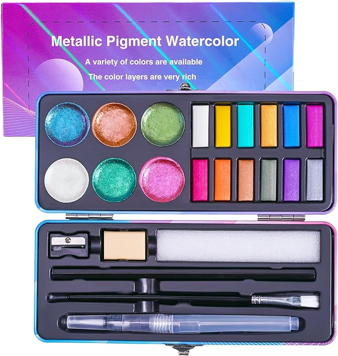 Watercolor Paint Set,18 Colors Glitter Watercolor Paint(12 Metallic Colors and 6 Chameleon Colors),Portable Travel Watercolor Set with Water Brush Pen,Pencil,Eraser,Watercolor Paper,for Adult Beginner