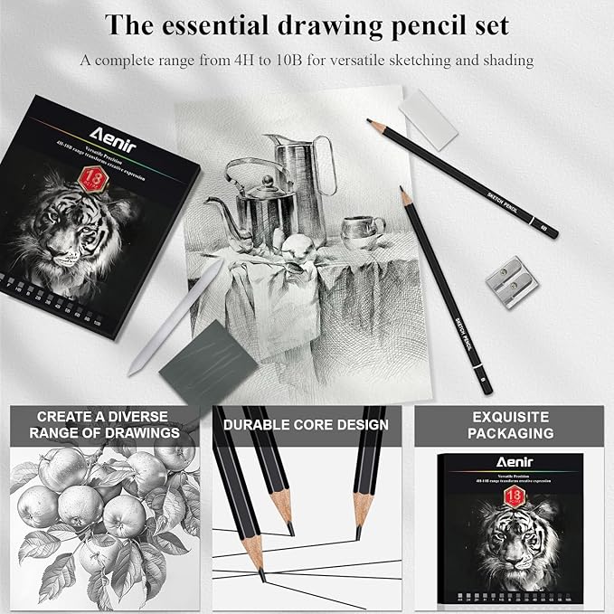 Sketch Pencils for Drawing, Drawing Pencils Set of 18, 10B–4H Graphite Pencil, Vinyl Eraser, Kneaded Eraser, Sharpener, Blending Stump,Sketch Set for Artists, Art Supplies.