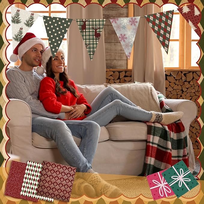 Oudain 60 Pcs 10 x 10 Inch Woodland Christmas Quilting Fabric Vintage Christmas Fat Squares Patchwork Precut Strips Reindeer Poinsettia Plaid Snowflake Fabric Bundles for Xmas Winter DIY Craft Sewing