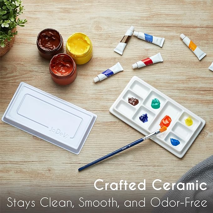 Ceramic Watercolor Palette with Lid, 9-Well Rectangular Paint Mixing Tray for Watercolor, Gouache, Acrylic & Oil Painting, White