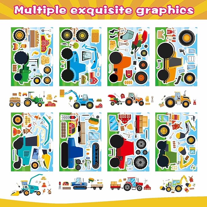 24 Sheets 8''×6'' Make Your Own Farm Tractor Stickers for Toddlers Kids Party Favors, Make a Face Sticker, Fall Autumn Stickers for Kids Farm Themed Birthday Party Favors Supplies Crafts (8 Designs)