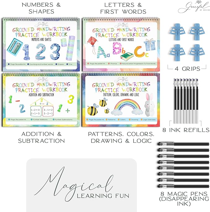 Grooved Handwriting Practice Books for Kids 3-7 | Reusable Letter Tracing with Mess-Free Disappearing Ink | Teacher-Designed | Magic Grooved Writing Practice Books | Full Set