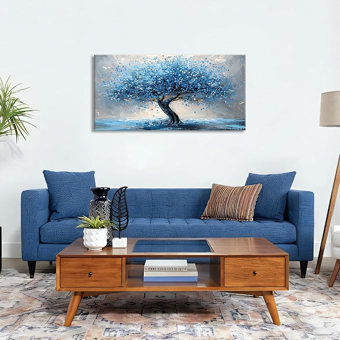 WENGTIAO Large Wall Decor For Living Room, Blue Trees Canvas Wall Art For Bedroom Office Decor Tree Panoramic Landscape Wall Paintings Prints Textured Pictures Artwork Modern Home Decoration 60X120cm