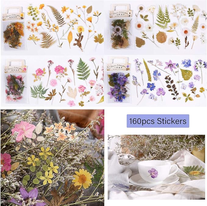 160pcs Pre-Cut Scrapbooks Natural Stickers, Floral and Plant Sticker for DIY Craft, Planners, Journal, Notebook, Laptop, Cell Phone, Calendars, Wedding Scrapbooking