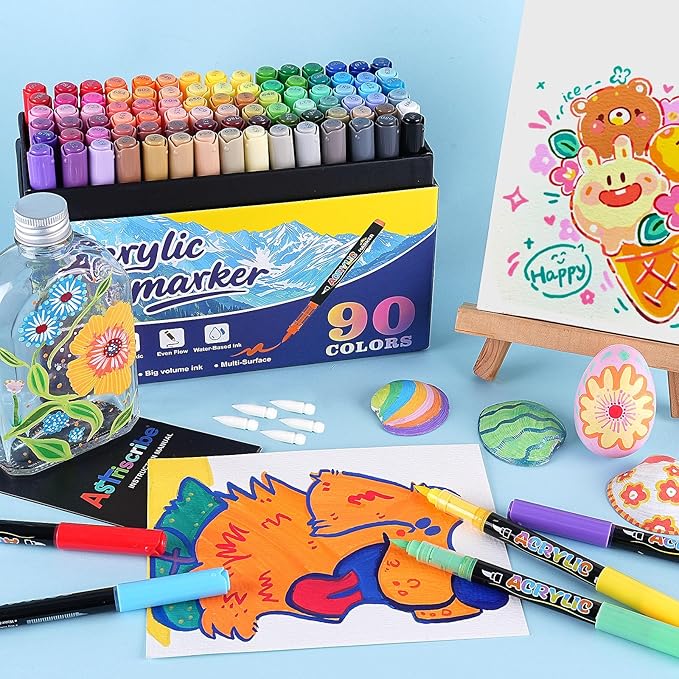 CaliMarker 90 Colors Acrylic Paint Pens Set – Water-Based Paint Markers with Brush Tip (1–5 mm), Quick-Dry and Non-Toxic, Automatic Ink Control for Rock, Wood, Glass, Metal, and Fabric