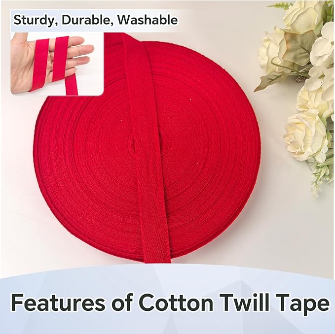 3/4 inch Red Herringbone Twill Tape Ribbon for Sewing,Ties,Gift Wrapping Home Deco-40 Yards Natural Cotton Webbing Straps-Bias Binding Tape for Handles, Crafts & DIY Projects