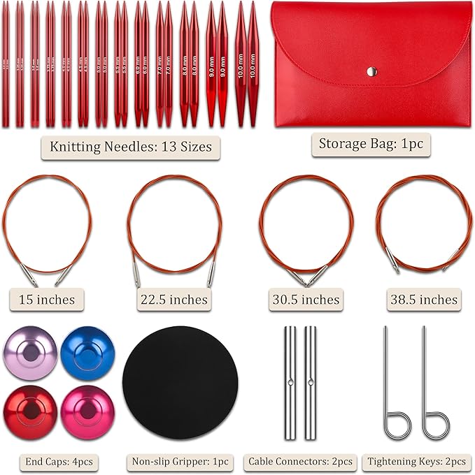 Interchangeable Circular Knitting Needles Set - 13 Pairs | Premium Aluminum Knitting Needles & Accessories | Red1