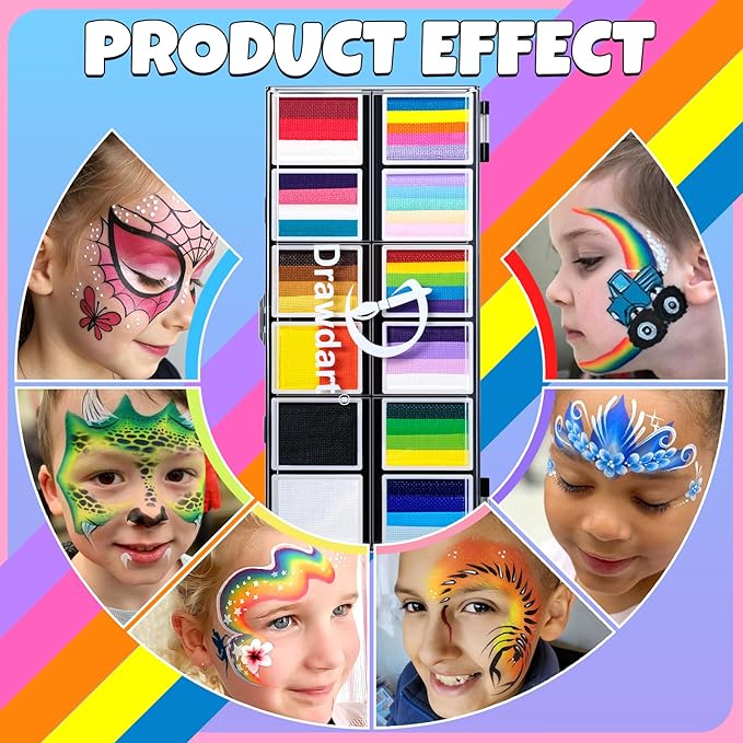 Professional Face Painting Kit for Kids Adults, Rainbow Split Cake Face Paint Makeup Palette 12 x 10gm+ 4 Colors Pro Pressed Glitter Eyeshadow Palette, with Brushes Sponges Stencils Gems