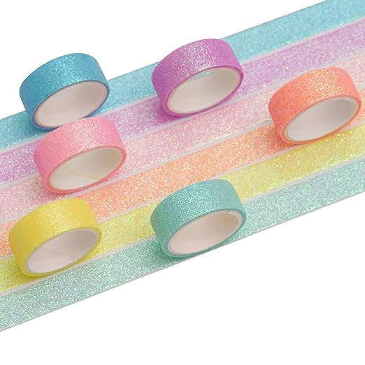 YUBX Glitter Washi Tape Set 6 Rolls Sparkling Foil Decorative Sprinkle Colored Masking Tapes for Arts, DIY Crafts, Journals, Planners, Scrapbook, Wrapping (6 Colors)