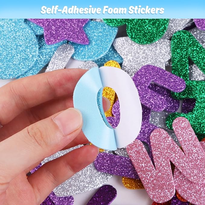 STEFORD 280 PCS Glitter Foam Letter Stickers, 10 Colors A-Z Alphabet Letters Stickers Self Adhesive Letters and Shapes Stickers for Kids DIY Crafts Party Decorations Scrapbooks