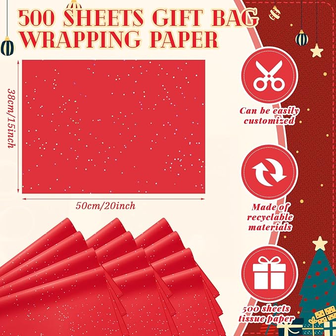 Qilery 500 Sheets Glitter Red Tissue Paper Bulk 15 x 20 Inch Valentine's Day Sparkle Wrapping Paper for Gift Bags Acid Free Tissue for Chinese New Year Craft, Bouquet, Garland, Forming Pompom, Wedding
