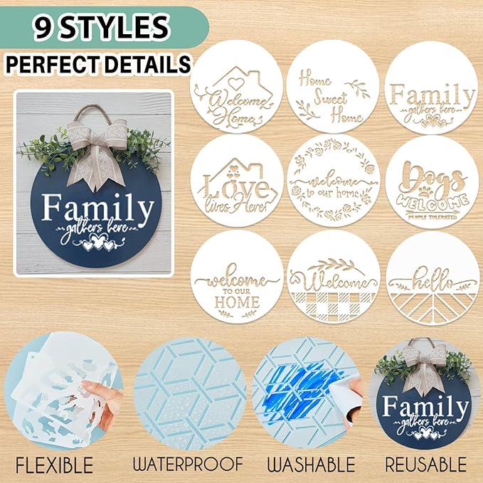 12 Inch Wood Circles for Crafts, 10Pcs Unfinished Wood Rounds with 9Pcs Welcome Stencils & 12Pcs Painting, DIY Wooden Crafts for Door Hanger, Wood Burning, Painting, Thanksgiving Day Christmas Decor