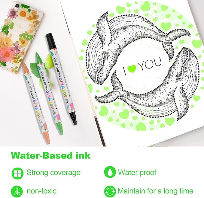 48 Colors Acrylic Paint Pens, Dual Tip Acrylic Paint Markers for Paper, Wood, Canvas, Stone, Rock Painting, Glass, Fabric, DIY, Ceramic, Art Supplies for Adults Drawing (Dot + Fine)