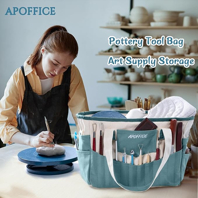 APOFFICE Pottery Tools Bag with Pockets for Clay Sculpting Tools, Ceramic Tools– Art Supply Organizer for Polymer Clay Tools, Craft Tote, Yarn & Crochet Storage, Washable Canvas Artist Bag Gift