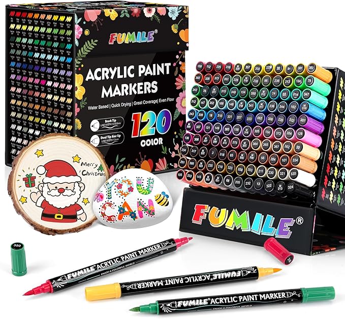 FUMILE 120 Colors Acrylic Paint Markers Dual Tip(Fine and Brush Tip), Acrylic Paint Pens paint Marker for Wood, Rock, Plastic, Glass, Ceramic, Canvas.Acrylic Markers Set for Art Supplies.
