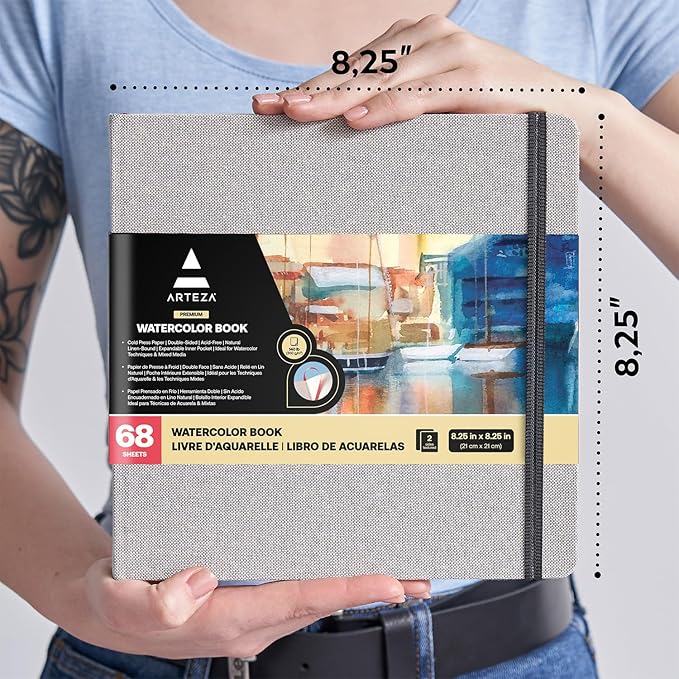 ARTEZA Watercolor Sketchbook, 2-Pack, 68 Pages Each, 8.25 x 8.25 Inches, Gray Hardcover, 110-Pound Paper