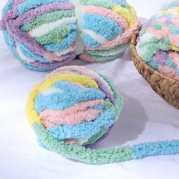 Hombys 8 Pack Giant Chunky Yarn for Crocheting & Knitting - Super Bulky, Soft, Fluffy, Plush, Fuzzy, Thick Chenille Yarn - Tie Dye, Mixed Colors (Rainbow)
