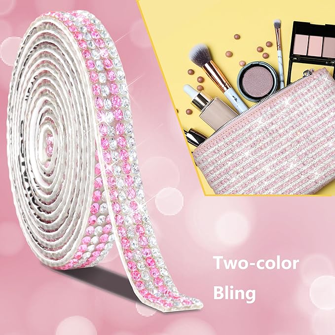 4 Rolls Rhinestone Tape Self Adhesive Crystal Ribbon Diamond Bling Strips with 2 mm Glitter Sticker for Arts Crafts Wedding Birthday Party DIY Event Car Phone Decoration (Silver+Pink)