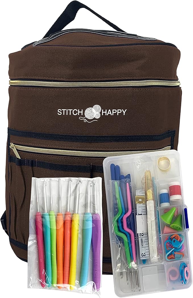 Designer Stitch Happy Crocheting Kit: 52 Piece Crochet Kit for Beginners & 7 Pocket Yarn Bag, Signature Yarn Storage - Chocolate