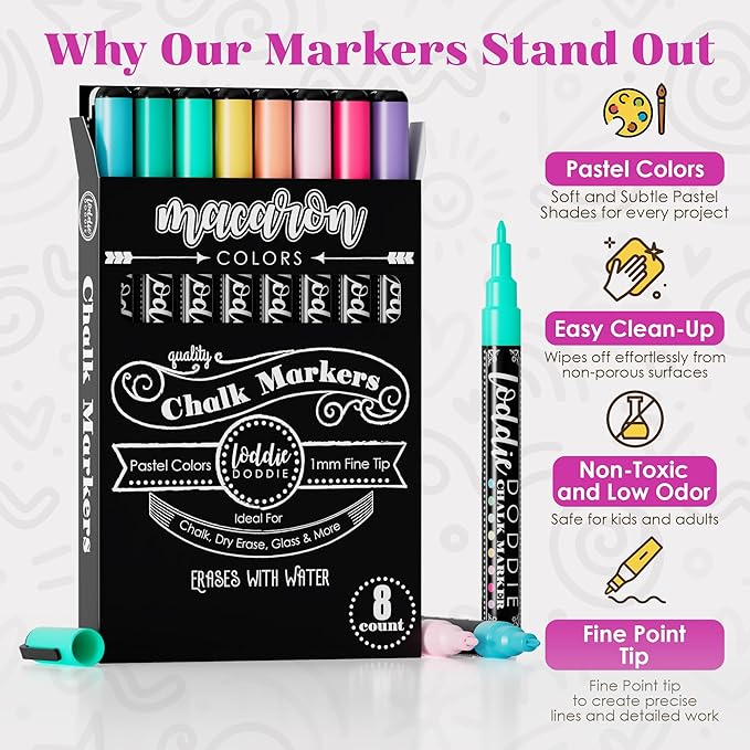 Loddie Doddie Liquid Chalk Markers Fine Tip - 8-Pack, 1mm Tip, Macaron Pastel - High-Precision Detailing & Chalk Pen - Erasable Low-Odor Ink for Blackboard - Versatile Glass & Window Markers