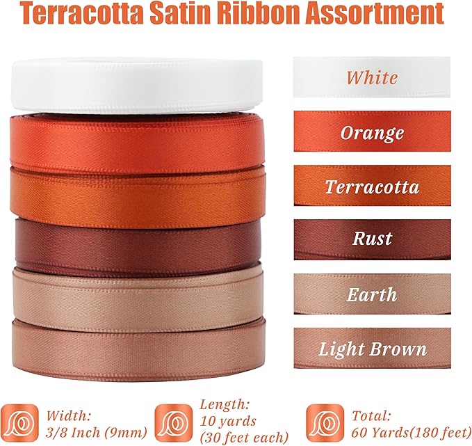 Terracotta Ribbon 3/8 Inch Thin Burnt Orange Satin Ribbon 6 Rolls Assortment for Crafts Wedding Baby Shower Decoration Gift Wrapping Invitation Card Tags- 60Yards