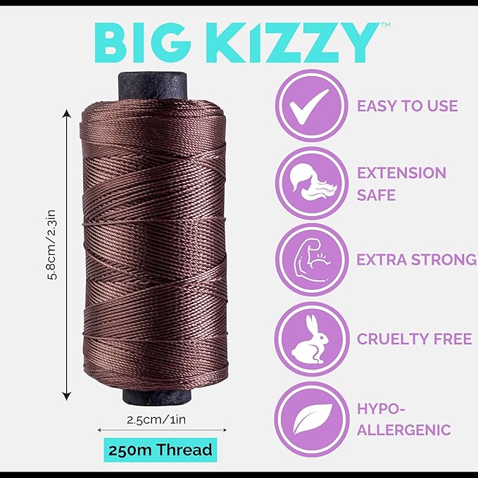 Big Kizzy Brown 250m Nylon Thread for Hair Extensions, Sew in Human Hair Weft and Wigs - Non-Slip and Comfortable Hold for Hand and Machine Tied Weft