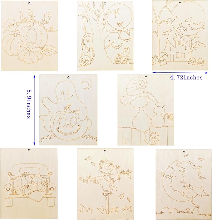 Piatoeke 16PCS 5.9×4.7in Unfinished Wooden Halloween Cutouts Board for Kids Painting,Wood Crafts DIY Fun Things to Paint and Hang(Halloween)