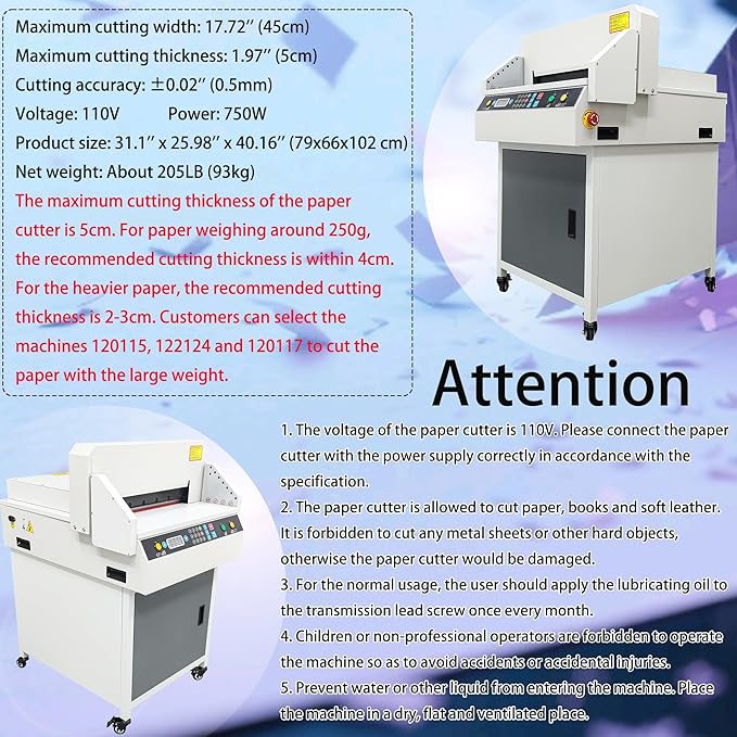 Commercial Electric Paper Cutter Guillotine 45cm Cutting Width NC Control Movable Paper Trimmer with LCD Display Storage Cabinet Two-Hand Safety Operation 110V for Books Pictures Files