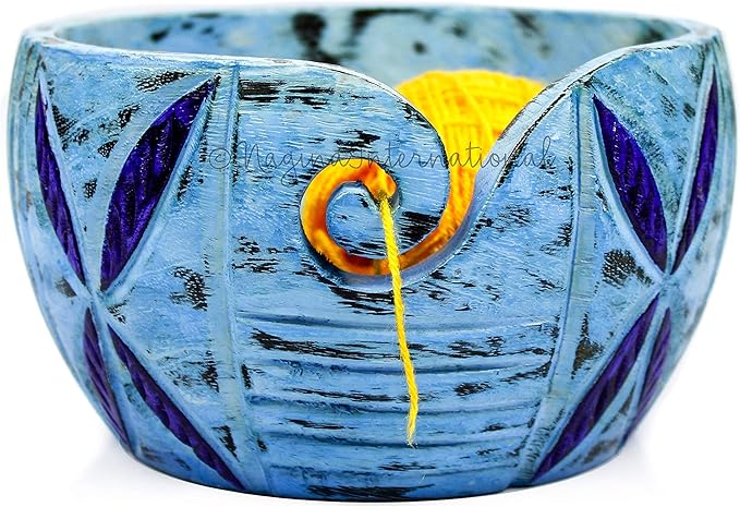 Nagina International Exquisite Premium Yarn Ball Storage Bowls | Hand Painted Lovely Decor Yet Functional Yarn Dispenser (Medium (7 x 3 x 7 Inches), Frozen Blue)