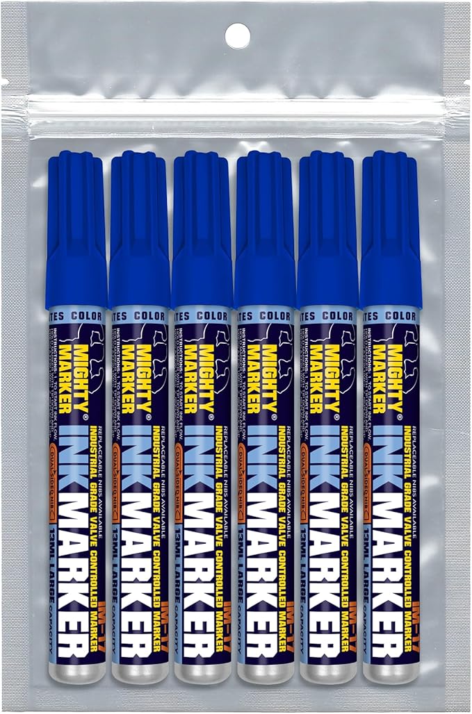IM-17 Ink Marker, Dual Tip, 13ml Alcohol-Based Permanent Ink, Waterproof Fade & Abrasion Resistant, Valve Action, 6 Bonus Tips, Manufactured in USA, 6 Pack (Blue)