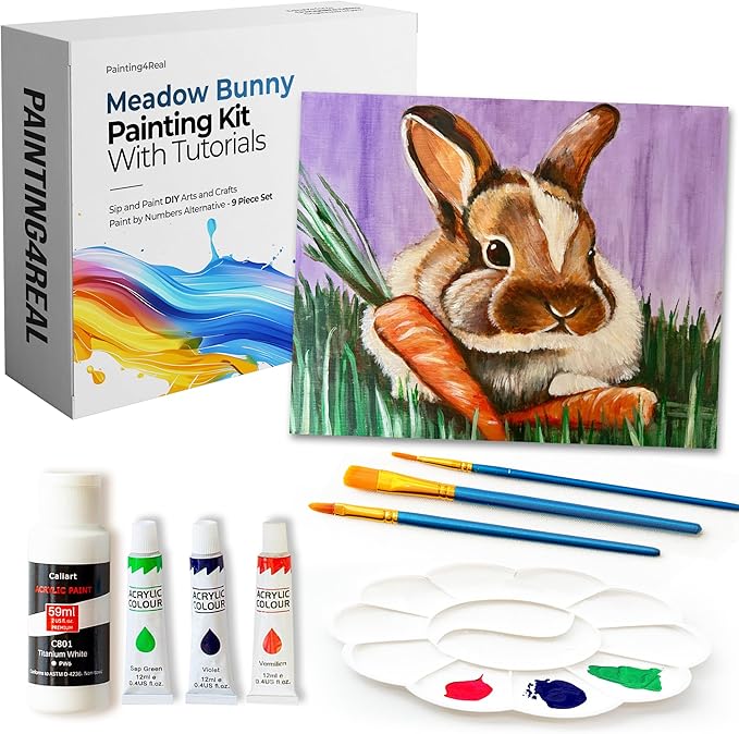 Painting4Real DIY Art Painting Kit for Adults – Learn to Paint Meadow Bunny with Video Tutorials – 9 Pieces Acrylic Paint Set for Adults –Perfect Christmas Crafts & Holiday Gifts for Art Lovers