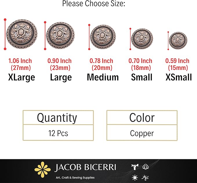 Antique Copper Metal Shank Buttons - 12 Pcs - 5 Size Options - Twin Horse Kingdom Round Metal Shank Buttons Vintage for Men Women Blazer Coat Uniform Shirt Suit and Jacket Sewing Craft DIY N21305