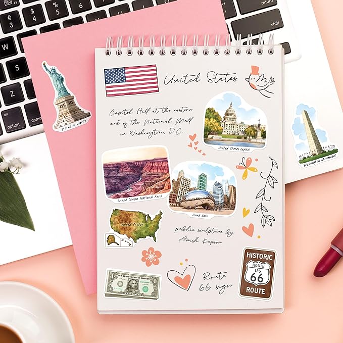 Navy Peony Iconic USA Travel Stickers (28pcs) - Hand-Illustrated, United States, American-Themed Vacation Decals for Journals, Scrapbooks, Luggage