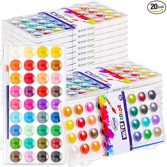Nuanchu Christmas Gifts Bulk Watercolor Paint Washable Watercolor Paint Kits Palette and Brushes Portable Water Color Supplies for Adults, Beginners Artists Valentine Gift(20 Pack,36 Colors)