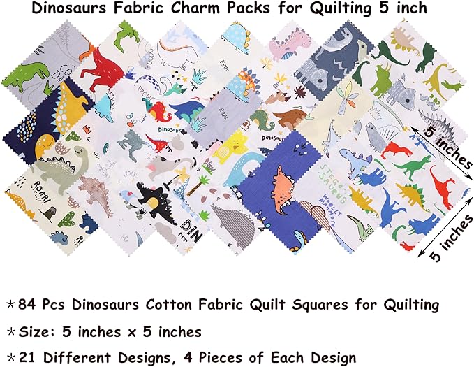 Hanjunzhao 84Pcs Dinosaur Print Cotton Fabric Squares 5x5, Charm Packs for Quilting 5 inch Squares for Quilting, Patchwork Baby Boy Blanket & Quilts, Home Decor, and DIY Crafts, Cartoon Dinosaurs