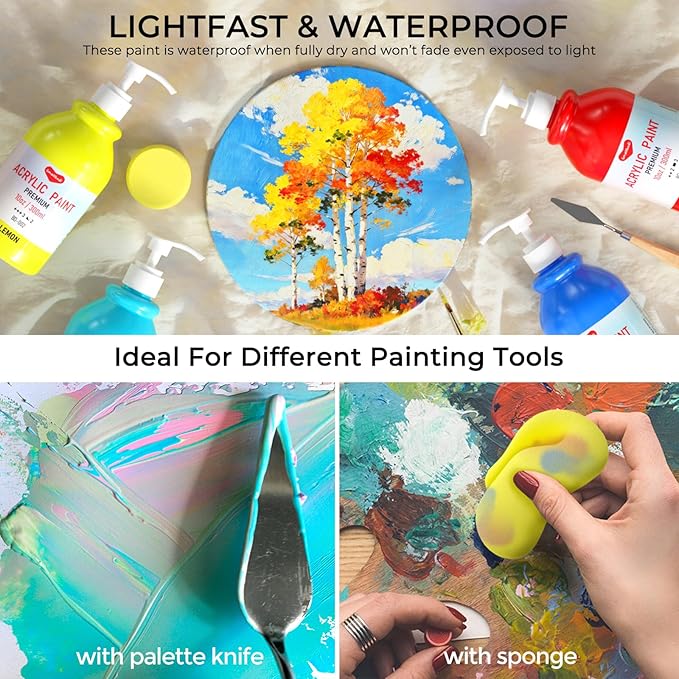 15 Colors Large Bulk Acrylic Paint Set (10 oz,300 ml) Art Painting Supplies for Multi Surface Canvas Wood Leather Fabric Rock Craft, Non Toxic Paint for Kid & Adult with Pump, Color Wheel