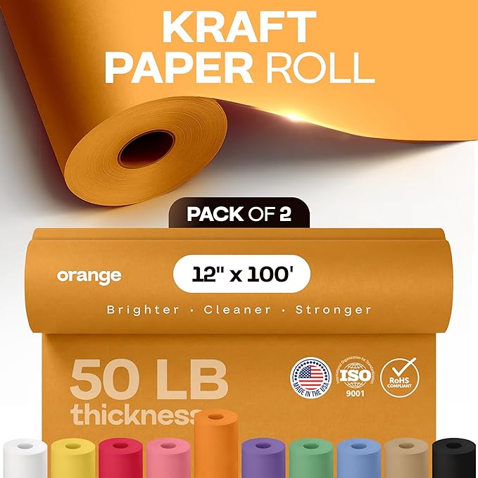 12" x 1200" (100 ft) Orange Kraft Paper Roll, Pack of 2 - USA-Made Quality Craft Paper for Gift Wrapping, Kids' Arts & Crafts, School Projects - 50 lb Natural Material by IDL Packaging