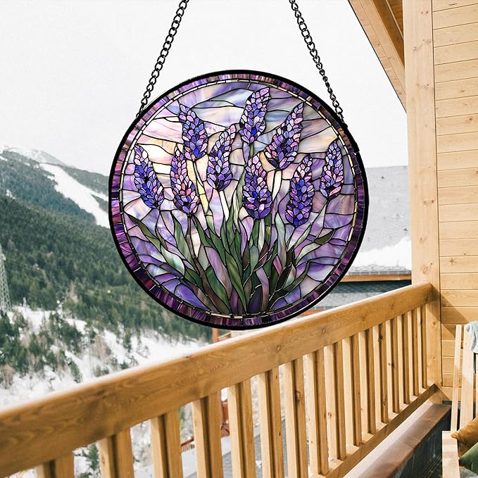 Stained Glass Window Hanging - Purple Flowers Suncatcher for Door Terrace Garden Home Decor Lavender Plant Floral Sun Catcher Birthday Gifts for Lovers Women Men Dad Mom Nana 9.8 in