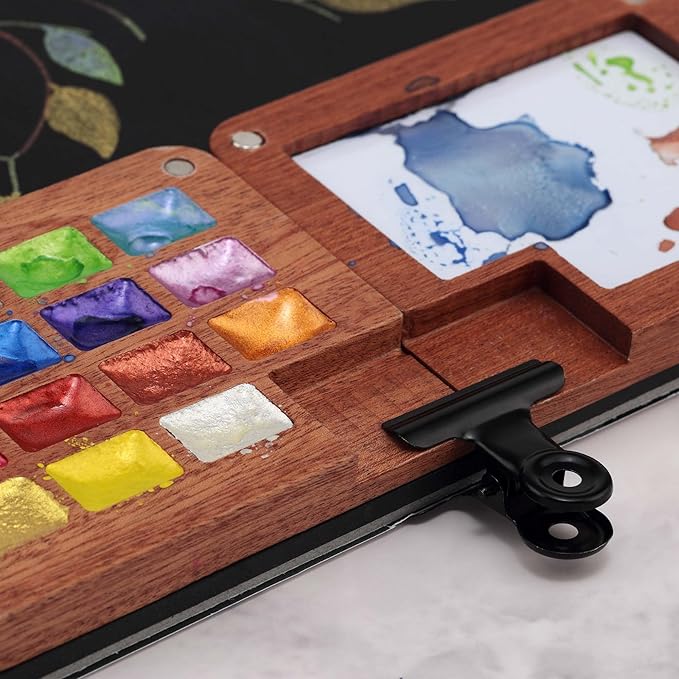 Soho Urban Artist Mini Wooden Travel Watercolor Palette of 15 Metallic Colors - Professional Watercolor Paint Set for Plein Air Artists, Semi-Moist Pans, Pocket