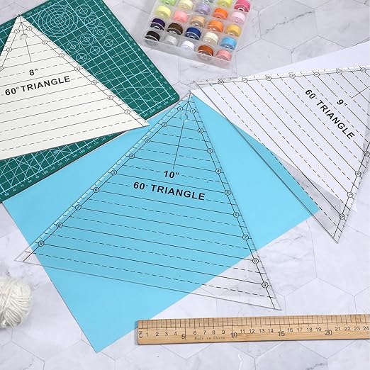 3 Pcs 60 Degree Triangle Ruler for Quilting, Clear Acrylic Quilting Templates Rulers 8 9 10 Inch Sewing Dedicated Ruler for Cutting, Measurement, DIY Craft Tools