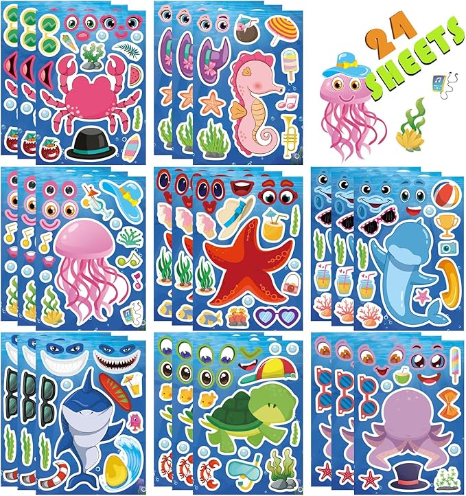 24 Sheets Ocean Stickers for Kids, Make Your Own Sea Animal Mix and Match Sticker Sheets, Make a Face Stickers for Kids Activities Supplies Crafts