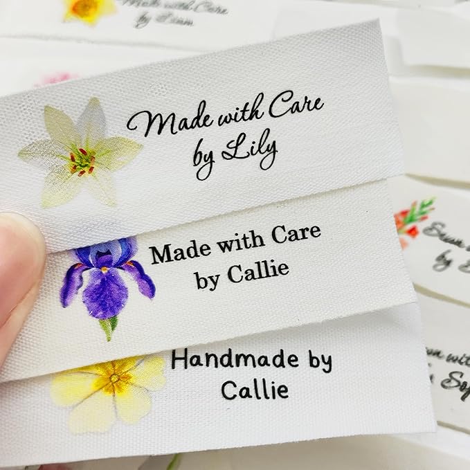 callie Personalized 10-100Pcs Sewing Labels - Custom Birth Flower & Name, Fabric Made with Love Sewing Tags for Handmade Items Clothes, Gifts for Knitting DIY Craft Lovers