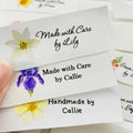 callie Personalized 10-100Pcs Sewing Labels - Custom Birth Flower & Name, Fabric Made with Love Sewing Tags for Handmade Items Clothes, Gifts for Knitting DIY Craft Lovers