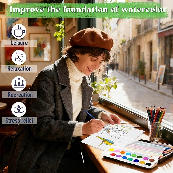 Beginners Watercolor Workbook for Adults -Step-by-Step Coloring Book Set-12 coloring book pages - Includes 16 color blocks and a brush - Professional Watercolor Paper: 300gsm/140lb (Bird)