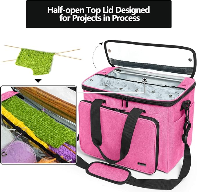 Teamoy Knitting Bag, Yarn Tote Organizer with Inner Divider (Sewn to Bottom) for Crochet Hooks, Knitting Needles(Up to 14”), Project and Supplies -No Accessories Included, Pink